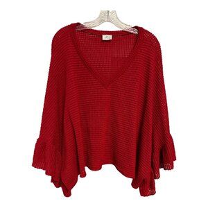 Vintage Blue Buttercup Red Crochet Knit Poncho Top Bell Sleeve USA Made M